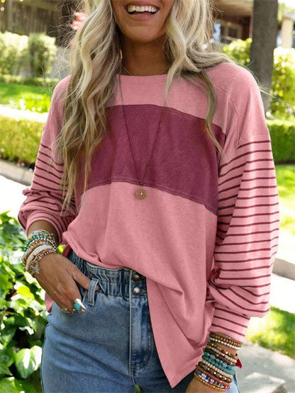 Women's Blouse – Oversized Fit – Long-Sleeved – Breathable Fabric – Striped Panel Detail