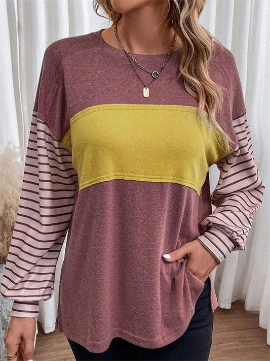 Women's Blouse – Oversized Fit – Long-Sleeved – Breathable Fabric – Striped Panel Detail