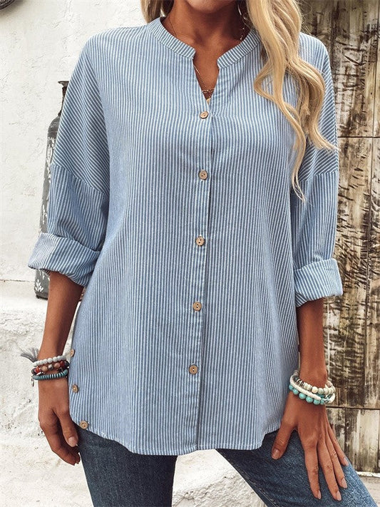 Women's Blouse – Loose Fit – Natural Fibers – Buttons – Long Sleeves – Striped
