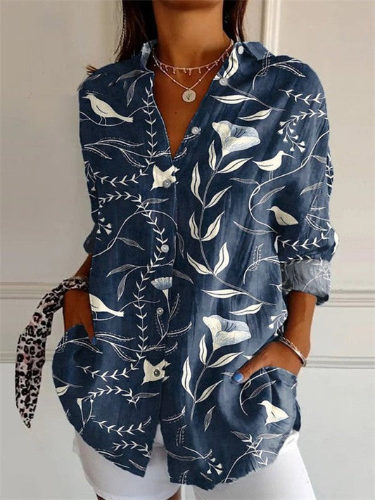 Women's Shirt – Floral Print – Loose Fit – Short Sleeve – Natural Fibers