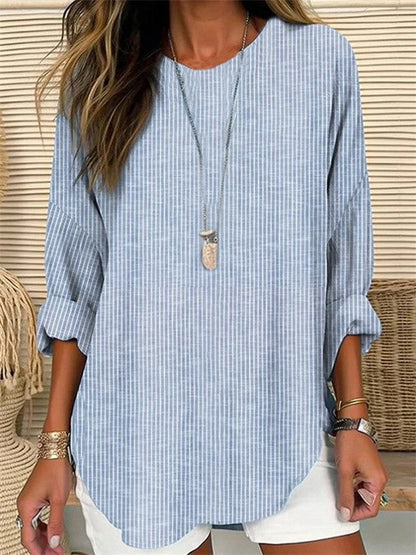 Women's Blouse – Relaxed Fit – Vertical Stripes – Long Rolled-Up Sleeves – Breathable Material