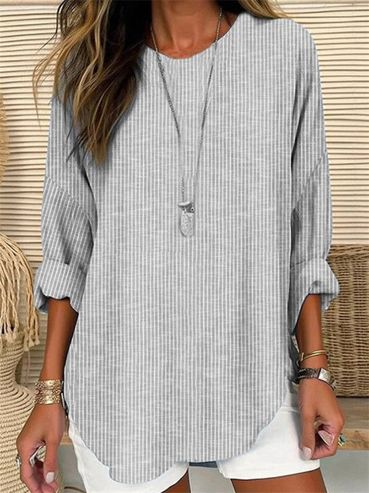 Women's Blouse – Relaxed Fit – Vertical Stripes – Long Rolled-Up Sleeves – Breathable Material