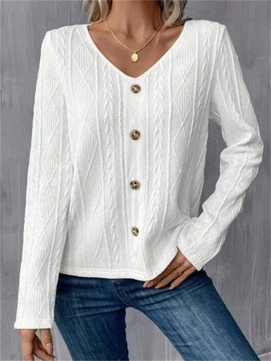 Women's Shirt with V-neck – Soft Knit – Regular Fit – Buttons – Long-sleeved