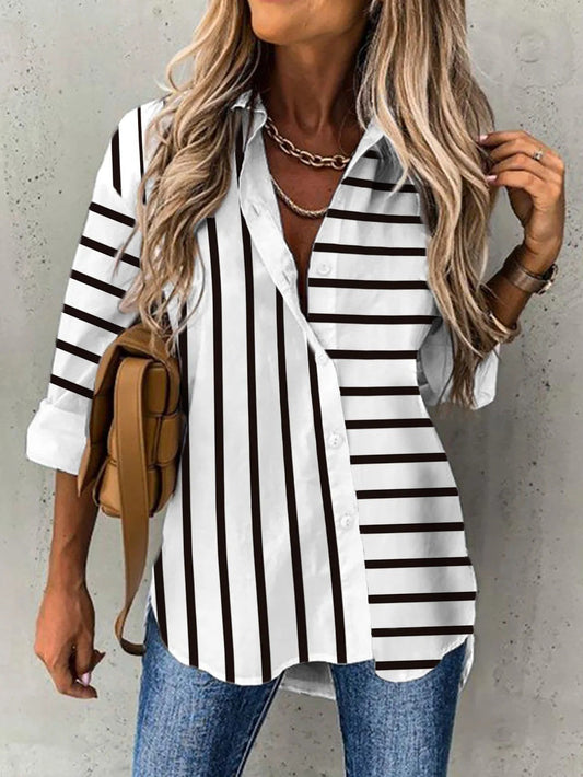 Women's Blouse – Relaxed Fit – Shirt Collar – Long-Sleeved – Breathable Fabric – Striped