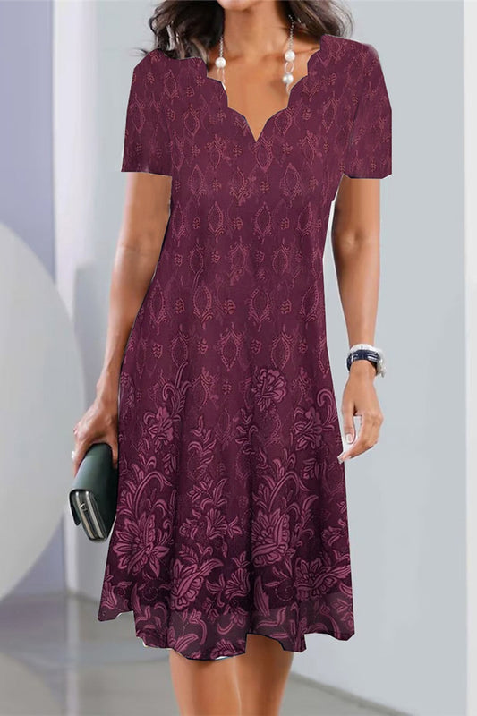 Women's Dress Midi – A-line Fit – Breathable Fabric – Lace Neckline – Short Sleeve