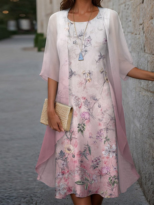 Women's Dress Set – Relaxed Fit – Floral Print – Light Jacket – Midi Length