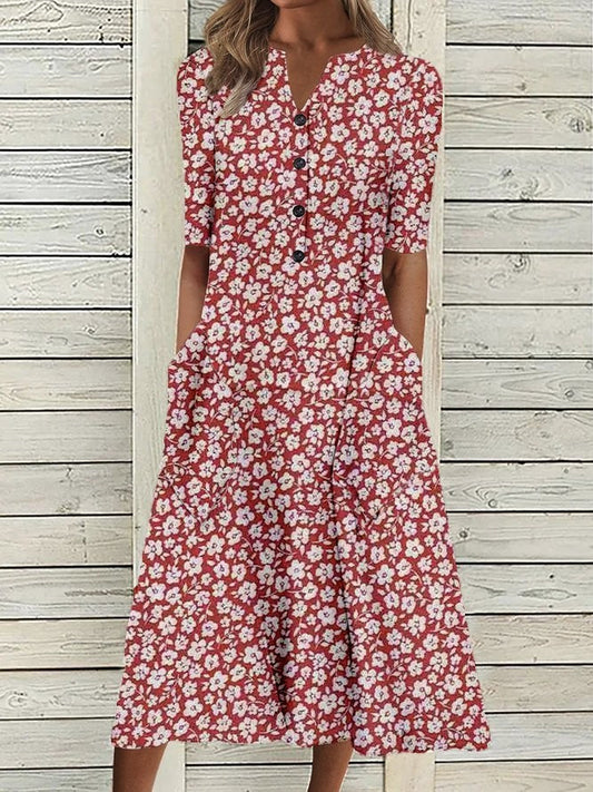 Dress women midi – relaxed fit – V-neck – half-length sleeves – breathable fabric