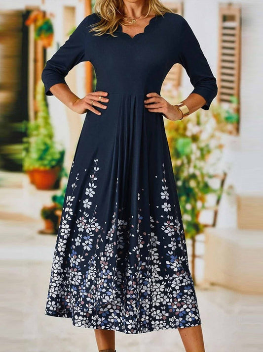Dress for Women – Midi Length – A-line – Scalloped Edge – 3/4 Sleeves – Floral Print – Breathable Fabric