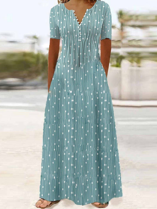 Women's Maxi Dress – Relaxed Fit – V-Neck – Buttons – Natural Fibers – With Pockets