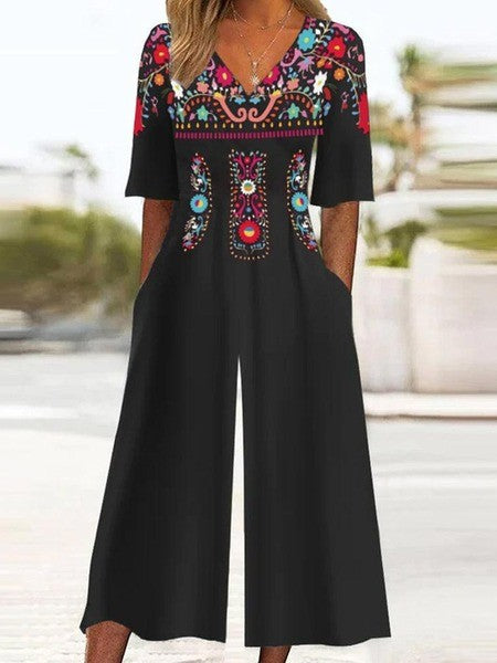 Women's Jumpsuit – Relaxed Fit – Embroidered – V-Neck – Wide Legs – Breathable Fabric