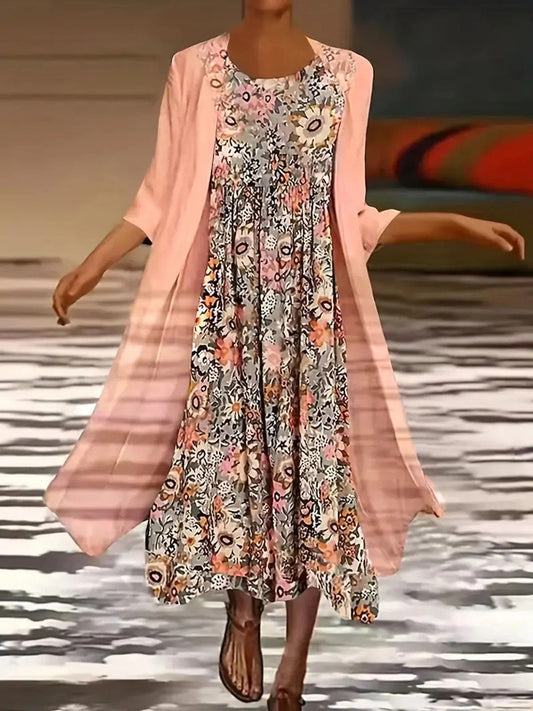 Women's Dress Two-piece Maxi Dress – Floral Print – Loose Fit – Natural Fibers