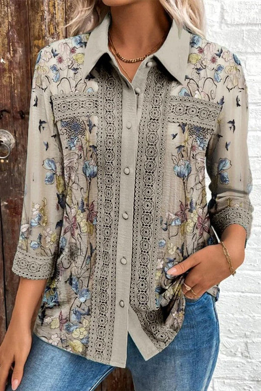 Women's Blouse – Loose Fit – Breathable Fabric – Floral Design – Lace Trim – 3/4 Sleeves
