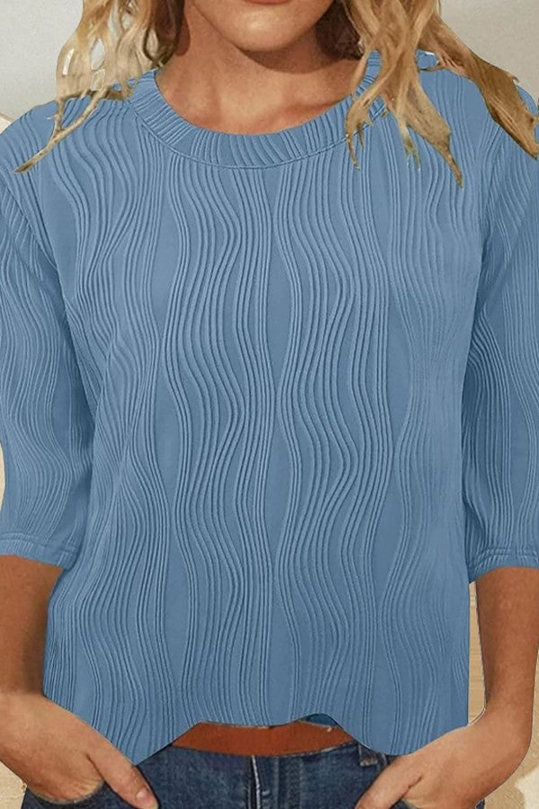 Women's T-shirt – Soft rib knit – Relaxed fit – 3/4 sleeves and round neck