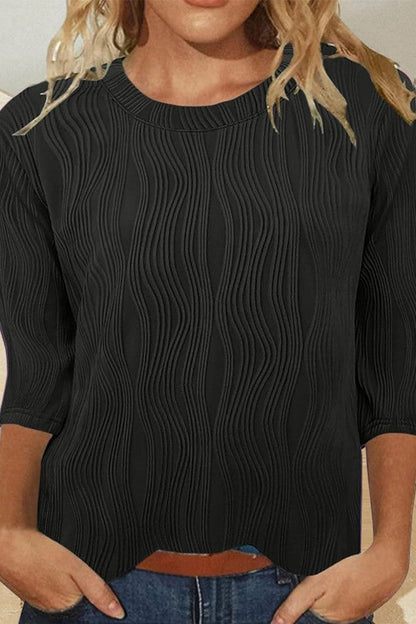 Women's T-shirt – Soft rib knit – Relaxed fit – 3/4 sleeves and round neck