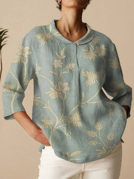 Women's Shirt – Loose Fit – Breathable Fabric – Embroidered – 3/4 Sleeves – V-Neck Collar
