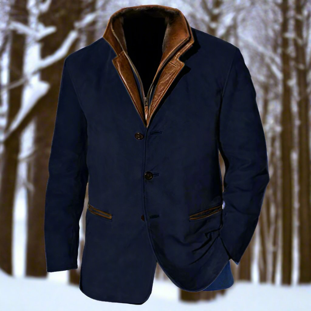 Herre Frakk - Semsket Look med Skinn Detaljer - Strukturert Passform - Knappelukking