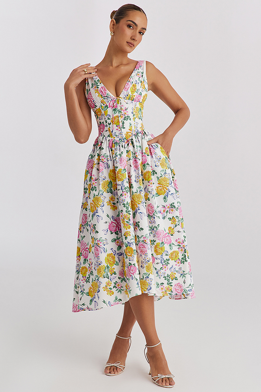 Dress for Women – Midi Length – Fitted Bodice – Sleeveless – A-line with Floral Pattern