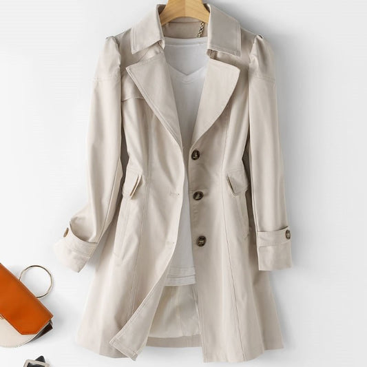 Trench Coat for Women – Classic Double-Breasted – Knee-Length – Sleek Fit – Elegant Details