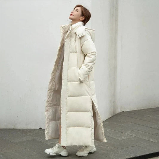 Women's Long Down Coat - Quilted - High Collar - Buttons - Side Pockets - Adjustable Side Slits