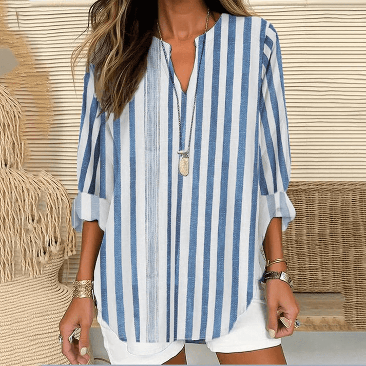 Women's Tunic Top – Loose Fit – V-Neckline – 3/4 Sleeve – Natural Fibers