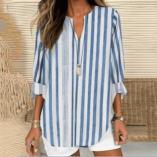 Women's Tunic Top – Loose Fit – V-Neckline – 3/4 Sleeve – Natural Fibers