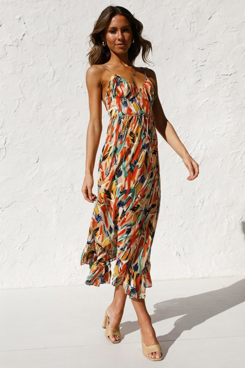 Dress woman midi – light chiffon – v-neckline – spaghetti straps – ruffled edge