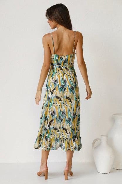 Dress woman midi – light chiffon – v-neckline – spaghetti straps – ruffled edge