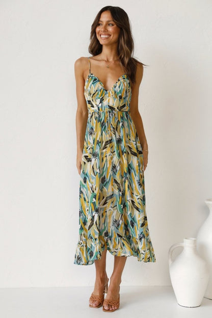 Dress woman midi – light chiffon – v-neckline – spaghetti straps – ruffled edge