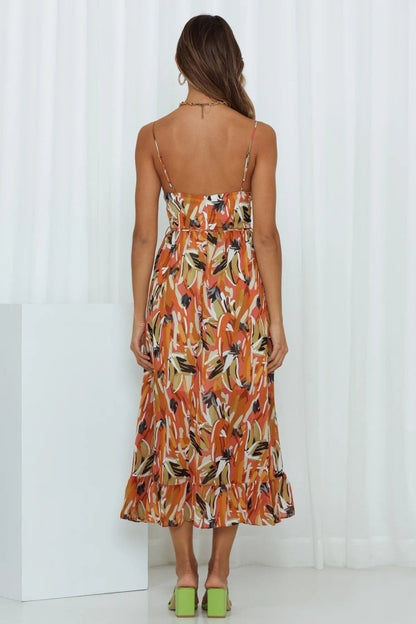 Dress woman midi – light chiffon – v-neckline – spaghetti straps – ruffled edge