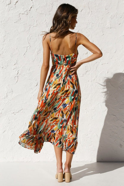 Dress woman midi – light chiffon – v-neckline – spaghetti straps – ruffled edge