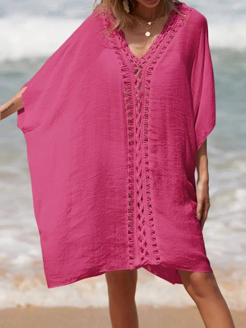 Women's Beach Dress – Light and Airy – V-neck with Crochet Details – Loose Fit – Short Sleeves
