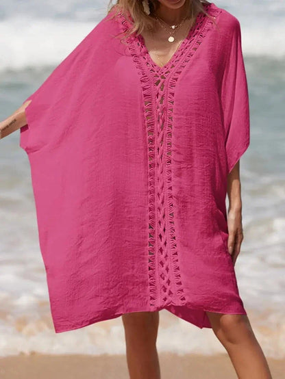 Women's Beach Dress – Light and Airy – V-neck with Crochet Details – Loose Fit – Short Sleeves