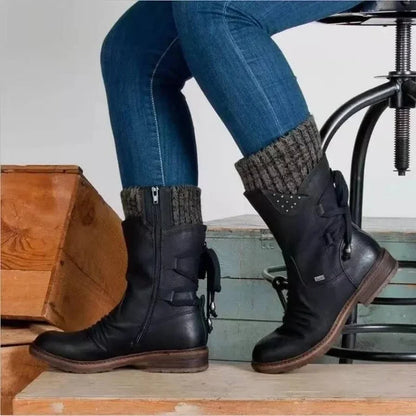Women's Boots – Standard Fit – Knitted Cuff – Studs – Back Lacing