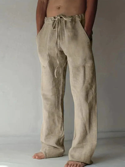 Men's Loose-Fit Pants - Cotton/Linen - Elastic Waist with Drawstring - Casual Comfort