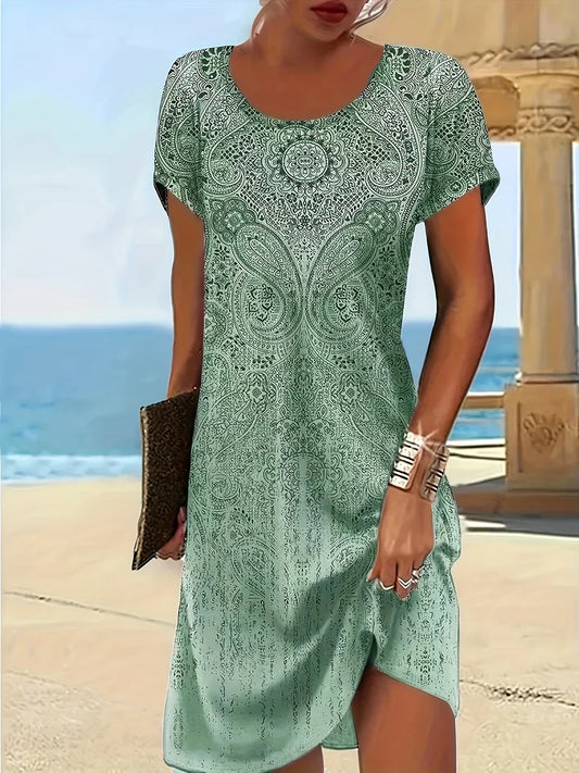Women's Dress Midi – Relaxed Fit – Breathable Fabric – Short Sleeve – Paisley Pattern