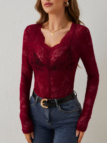 Women's Blouse in Lace – Slim Fit – Deep V-neck – Transparent Sleeves – Elegant Floral Design
