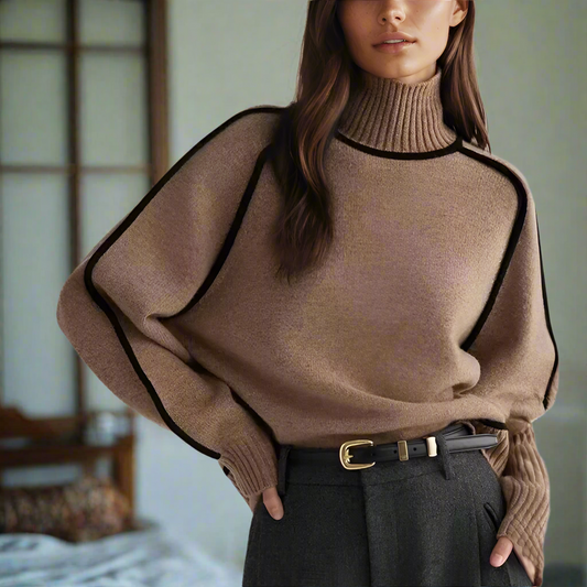 Women's Turtleneck Sweater – Wool Blend – Oversized Fit – Batwing Sleeves – Ribbed Knit