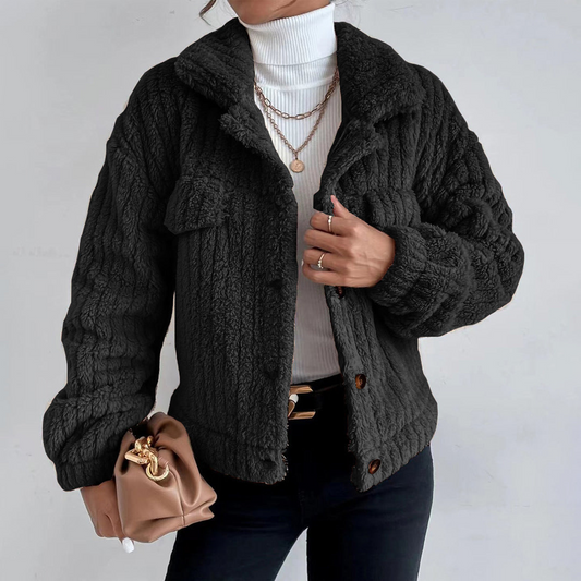 Women's Teddy Jacket – Oversized Fit – Soft Texture – Short Length – Button Closure