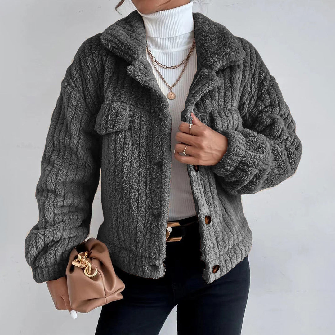 Women's Teddy Jacket – Oversized Fit – Soft Texture – Short Length – Button Closure
