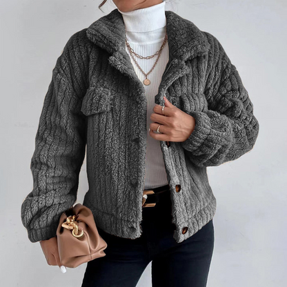 Women's Teddy Jacket – Oversized Fit – Soft Texture – Short Length – Button Closure