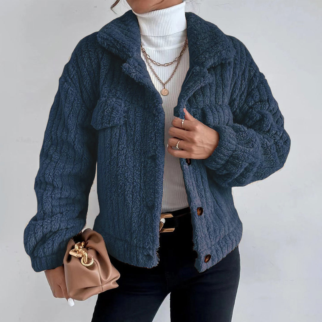 Women's Teddy Jacket – Oversized Fit – Soft Texture – Short Length – Button Closure