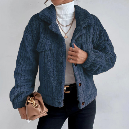 Women's Teddy Jacket – Oversized Fit – Soft Texture – Short Length – Button Closure