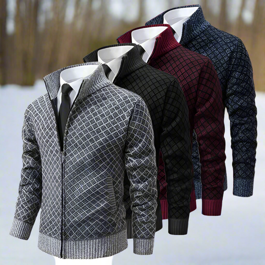 Herre Strikket Cardigan - Glidelås - Høy Krage - Moderne Rutemønster - Komfortabel Passform