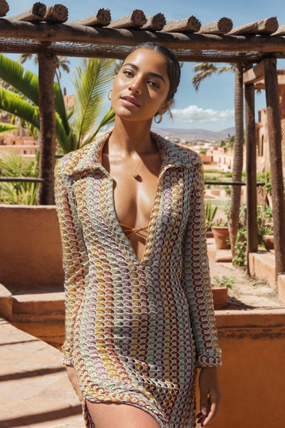 Women's Maxi Dress – Slim Fit – Long-Sleeved – Keyhole Neck – Patterned Knit