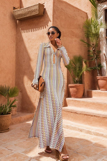 Women's Maxi Dress – Slim Fit – Long-Sleeved – Keyhole Neck – Patterned Knit
