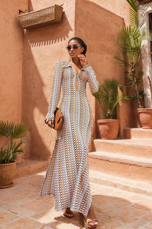 Women's Maxi Dress – Slim Fit – Long-Sleeved – Keyhole Neck – Patterned Knit