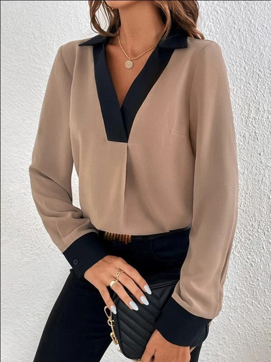 Women's Blouse – V-neck with Contrast Trim – Long-sleeved – Comfortable Fit – Breathable Fabric