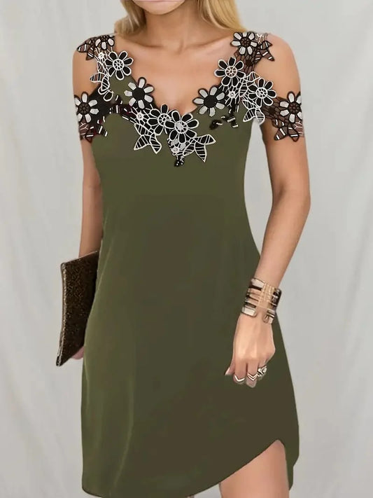 Women's Dress - V-neck with Lace - Sleeveless - Light and Airy - Short Length