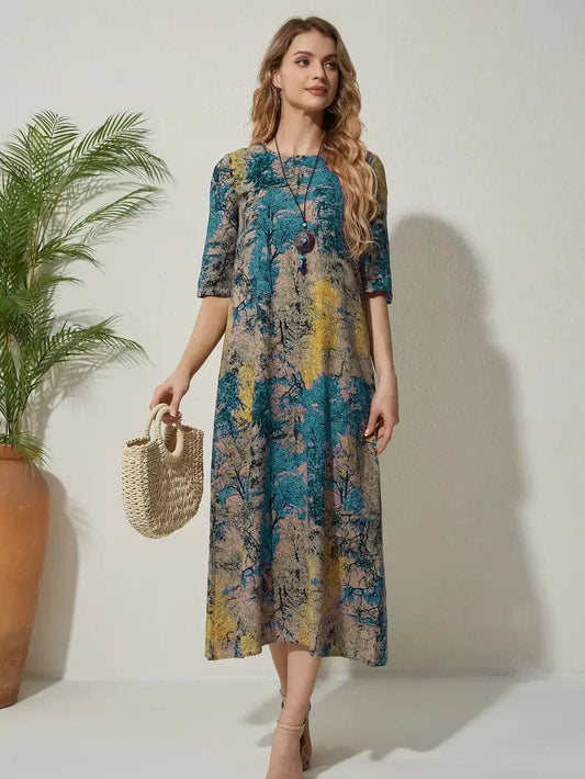 Women's Dress - Midi Length - Relaxed Fit - Elbow-Length Sleeves - Abstract Pattern
