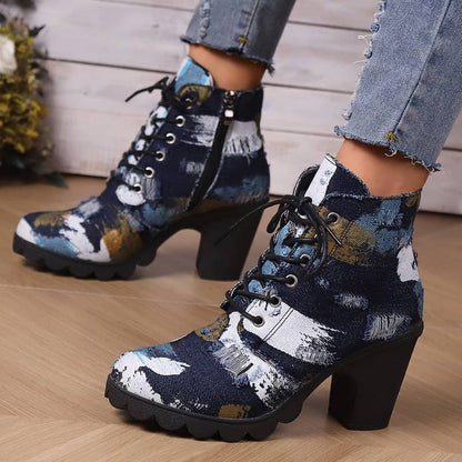 Women's Ankle Boots - Patterned Textile - Lacing - Block Heel - Chunky Sole